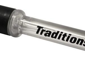 Clear glass tube with a black end cap and a Traditions logo, likely a dropper or small dispensing device.