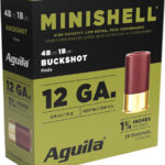 Box of Aguila 12 GA buckshot shells for shotguns, 25 cartridges per box, yellow/black packaging with red shotgun shell image on the right side.