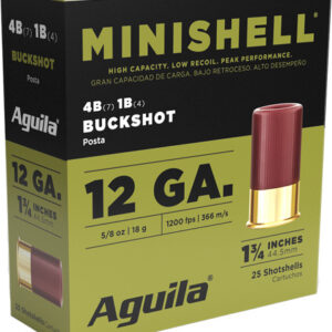 Box of Aguila 12 GA buckshot shells for shotguns, 25 cartridges per box, yellow/black packaging with red shotgun shell image on the right side.