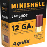 Box of Aguila 12-gauge shotgun shells, orange/black packaging, shows a single red cartridge; 25 rounds inside.