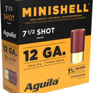 Box of Aguila 12-gauge shotgun shells, orange/black packaging, shows a single red cartridge; 25 rounds inside.
