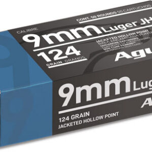 Box of Aguila 9mm Luger JHP ammunition, 124 grain, jacketed hollow point, 50 rounds (blue and gray box).