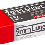 Box of 9mm Luger full metal jacket flat point ammo, 147 grain, 50 cartridges per box.