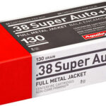 Box of .38 Super Auto+P full metal jacket ammo, 130 grain, 50 cartridges per box, red and white packaging with Aguila logo