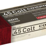 Box of .45 Colt Cowboy action loads in red and white packaging, 200 grain cartridges, Aguila logo visible, 50 cartridges per box.