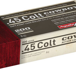 Box of .45 Colt Cowboy action loads in red and white packaging, 200 grain cartridges, Aguila logo visible, 50 cartridges per box.