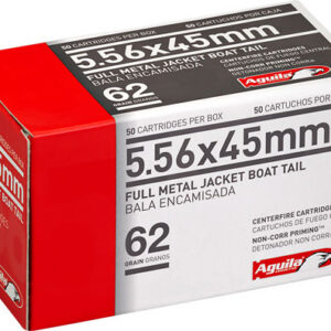 Box of Aguila 5.56x45mm full metal jacket boat-tail ammunition, 62 grain, 50 cartridges per box.