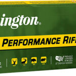 Remington High Performance Rifle ammunition box (green/yellow) with two cartridges beside it, 50 centerfire cartridges included.