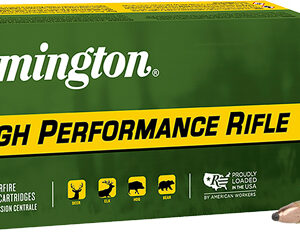 Remington High Performance Rifle ammunition box (green/yellow) with two cartridges beside it, 50 centerfire cartridges included.