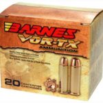 Barnes VOR-TX Ammunition box showing 20 centerfire cartridges with two bullets pictured on the side edge and the brand name prominently displayed in red letters on an orange-brown box.