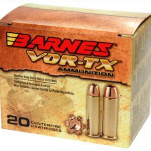 Barnes VOR-TX Ammunition box showing 20 centerfire cartridges with two bullets pictured on the side edge and the brand name prominently displayed in red letters on an orange-brown box.