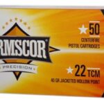 Armscor ammunition box for .22 TCM pistol rounds, 50 cartridges, 40-grain jacketed hollow point (JHP).