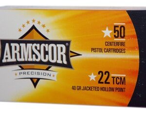 Armscor pistol ammunition box showing 50 centerfire cartridges, labeled .22 TCM, 40 gr jacketed hollow point