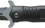 Black tactical knife with a grey blade and textured black handle, shown in a side view.