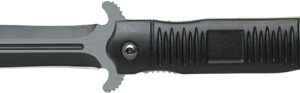 Black tactical knife with a grey blade and textured black handle, shown in a side view.
