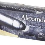 Box of Alexander Arms .50 Beowulf rifle cartridges with two copper-jacketed bullets beside it