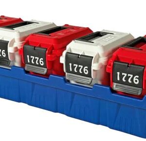 Row of four red tool storage boxes with black numbered plates reading 1776, placed in a blue plastic organizer tray.