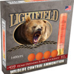 LightField Wildlife Control Ammunition box featuring a snarling bear emerging from a hole, with orange pellets and a tall orange cartridge illustration; labels note 410 gauge and 1400 FPS for home defense.