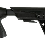 Black adjustable rifle stock with pistol grip and buffer tube visible from the side