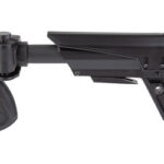 Black collapsible rifle stock with integrated pistol grip, viewed from the side.