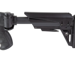 Black collapsible rifle stock with integrated pistol grip, viewed from the side.