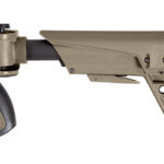 Desert-tan collapsible rifle stock with pistol grip and rubber butt pad.
