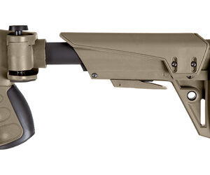 Desert-tan collapsible rifle stock with pistol grip and rubber butt pad.