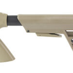 Tan adjustable rifle stock/buttstock with rubber recoil pad for an AR-style rifle