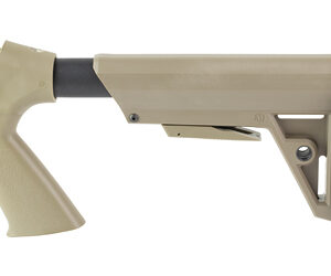 Tan adjustable rifle stock/buttstock with rubber recoil pad for an AR-style rifle