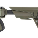 Olive green adjustable rifle buttstock with a textured pistol grip shown from the side