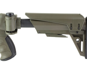 Olive green adjustable rifle buttstock with a textured pistol grip shown from the side