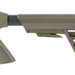 Olive-drab adjustable rifle stock with a textured black butt pad and pistol-grip-style handle (firearm accessory).