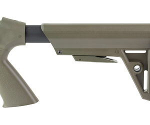 Olive-drab adjustable rifle stock with a textured black butt pad and pistol-grip-style handle (firearm accessory).