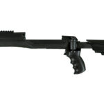 Long black tactical rifle with a rail fore-end, pistol grip, and adjustable stock.