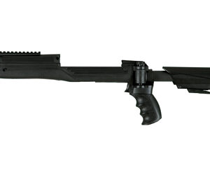 Long black tactical rifle with a rail fore-end, pistol grip, and adjustable stock.