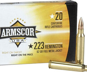 Armscor USA .223 Remington 62 gr FMJ rifle cartridges box with two bullets beside it, 20 centerfire cartridges in the package.