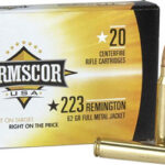 Box of Armscor USA .223 Remington rifle cartridges (62 gr FMJ), with two bullets nearby on a white surface.