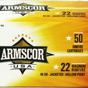 Armscor USA cartridge box for .22 Magnum rimfire, 50 rounds, with yellow‑orange label and Armscor logo (40 gr jacketed hollow point).