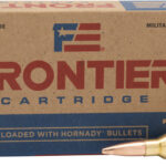 Frontier cartridge box with two rifle cartridges in front; box labeled 'Loaded with Hornady Bullets,' American made, military grade.