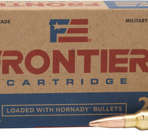 Frontier cartridge box with two rifle cartridges in front; box labeled 'Loaded with Hornady Bullets,' American made, military grade.