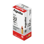 Box of Aguila .22 LR ammunition, white and red packaging, indicating 50 rounds.