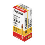 Box of Aguila .22 LR high-velocity ammunition, red/yellow packaging, containing 50 rounds.