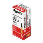 Box of Aguila .22 LR ammunition, 40‑grain, 1,150 fps, 50 rounds (red/white box shown).