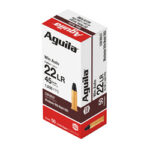 Box of Aguila .22 LR ammunition, red and white packaging, indicating 50 rounds.