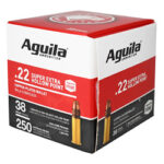Three-quarter view of an Aguila brand ammunition box for .22 caliber Super Extra Hollow Point, with 250 rounds indicated on the packaging.