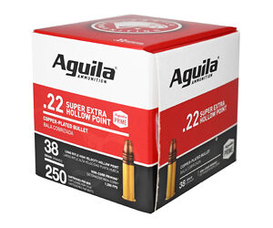 Three-quarter view of an Aguila brand ammunition box for .22 caliber Super Extra Hollow Point, with 250 rounds indicated on the packaging.