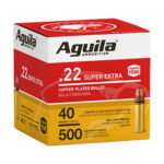 Box of Aguila .22 Super Extra copper-plated bullets, 40-grain, 500 rounds (ammunition wrapper shown).