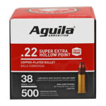 Aguila ammunition box for .22 caliber Super Extra Hollow Point with copper-plated bullets and a sample bullet image on the front.