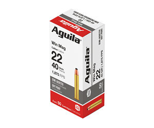 Box of Aguila .22 caliber ammunition in red, white, and gray packaging showing '22' and 'L.R.' with '50 rounds' label