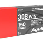 Box of Aguila .308 Win rifle cartridges, 150 grain FMJ, 20 rounds (red/red-and-grey packaging)